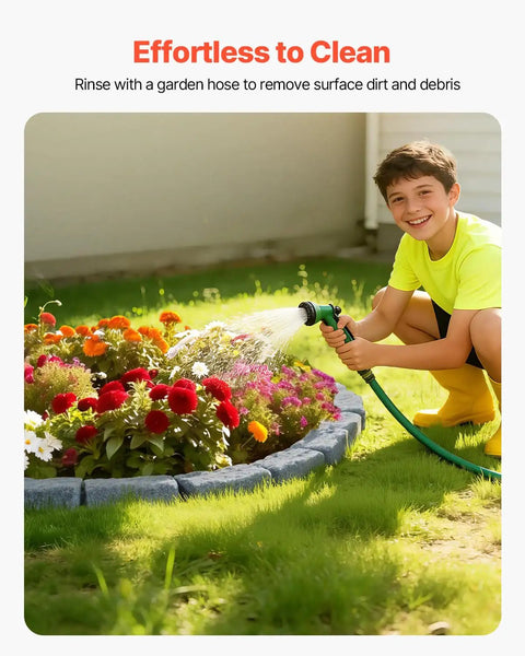 Child watering flowers bordered by Faux Stone Landscape Edging Kit No Dig Border For Lawn And Garden Flexible Stone Look Edging