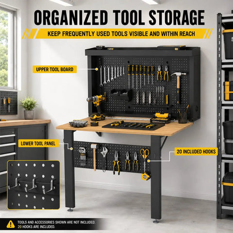 Wall Mounted Fold Down Workbench With Pegboard Organizer, tools organized on pegboard, heavy duty garage workstation with storage shelf.