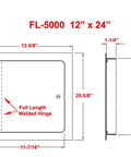 Diagram showing dimensions of 12x24 Universal Steel Flush Access Panel Door With Screwdriver Latch White Prime Coat Finish Wall And Ceiling Mounted Access Door For Drywall Plumbing And Electrical Built Tough Commercial Grade FL-5000