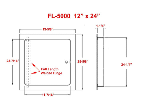 Diagram showing dimensions of 12x24 Universal Steel Flush Access Panel Door With Screwdriver Latch White Prime Coat Finish Wall And Ceiling Mounted Access Door For Drywall Plumbing And Electrical Built Tough Commercial Grade FL-5000