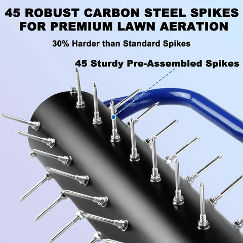 Close-up of rolling lawn aerator with 45 steel spikes and blue handle, part of the 21 inch roller kit for soil aeration.
