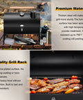 Portable Charcoal Grill Set with tools and thermometer, open with grilled food, showcasing heavy duty and innovative design.