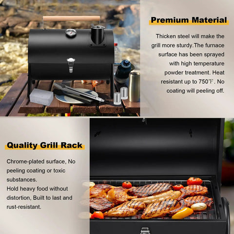 Portable Charcoal Grill Set with tools and thermometer, open with grilled food, showcasing heavy duty and innovative design.