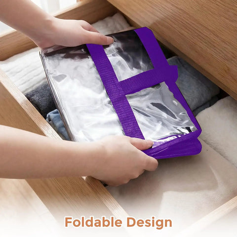 Clear Zippered Storage Bags Set 6 Pack 40L Each See Through Closet Organizers for Bedding, shown folded in drawer with purple trim.