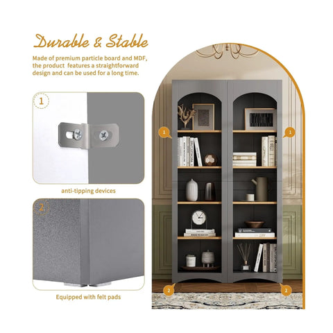 Close-up of Farmhouse Two Tone 5 Tier Book Shelves And Cabinet Set with anti-tipping device and felt pads detail