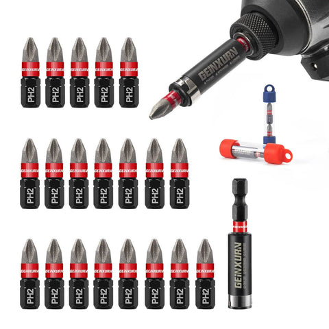 Diamond Coated Impact Screwdriver Bit Set With 20 PH2 1 Inch Insert Driver Bits Magnetic S2 Steel Tips Includes 2 Point 5 Inch Bit Holder Built For Tough Jobs And Everyday Home DIY Projects displayed with impact driver and holder.