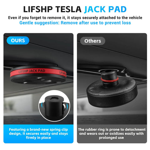 Comparison of Tesla Lift Pad Set For Model 3 Y S X 2013 2026 0.9 Inch Lift Pads with upgraded spring leaf fixing vs standard pad