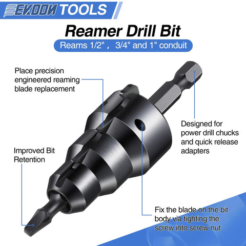 Pro Grade Conduit Reamer Kit With Bit Retention For Half Inch, Three Quarter Inch, And One Inch Pipes showing reamer drill bit
