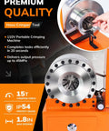 Pro Grade Electric Hydraulic Hose Crimping Machine With Eight Heavy Duty Dies Built Different For Snappy And Steady Crimps On R1 And R2 Braided Fuel Lines Garage Ready, close-up view of crimping die with manual lever.