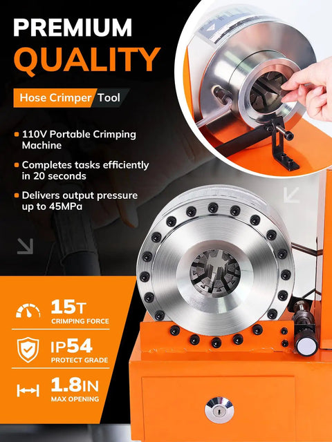 Pro Grade Electric Hydraulic Hose Crimping Machine With Eight Heavy Duty Dies Built Different For Snappy And Steady Crimps On R1 And R2 Braided Fuel Lines Garage Ready, close-up view of crimping die with manual lever.
