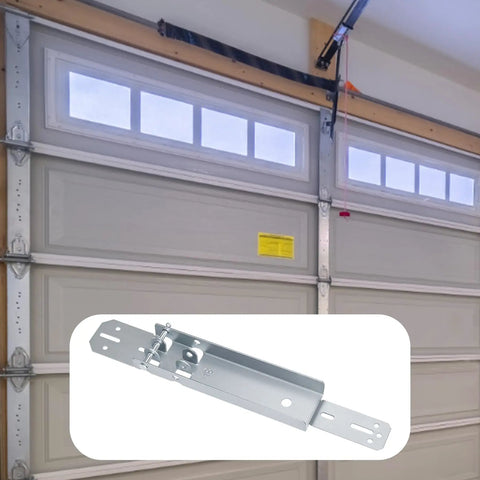 Heavy Duty Garage Door Reinforcement Bracket For Opener Installation DIY Repair Hookup Brackets With Clevis Pin Attaches To Top Panel For Most Openers 18 Inch shown installed on a garage door.