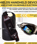 Faraday Tote Dry Bag 7L Capacity Waterproof Signal Blocking for electronics, showing dimensions and open view with devices.