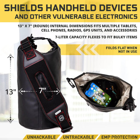 Faraday Tote Dry Bag 7L Capacity Waterproof Signal Blocking for electronics, showing dimensions and open view with devices.