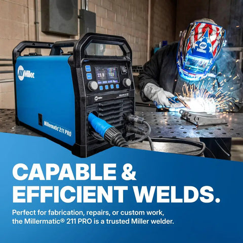 Dual-Voltage MIG Welder With Dyna-Pulse MIG Auto-Set and operator welding metal in workshop
