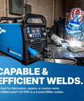 Dual-Voltage MIG Welder With Running Gear And Cylinder Rack, Dyna-Pulse MIG in use at metal workshop, operator welding metal