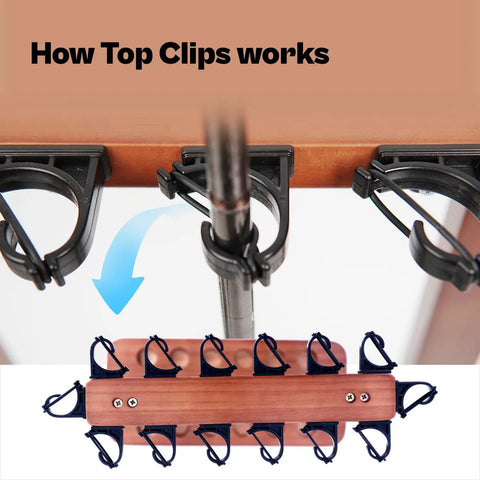 Wood Floor Standing Fishing Rod Storage Rack for Garage with Rubber Clip Top Mechanism, Holds Up To Fourteen Rods, Top View