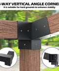 15 Degree Slanted Roof Pergola Bracket Kit With Wall Mount Extension And 3-Way Brackets For Outdoor Pergolas, Fits 4x4 Lumber Actual 3.5x3.5, Built Tough Heavy Duty Steel Construction For Log Cabins And Patios shown in 3-way vertical angle view.