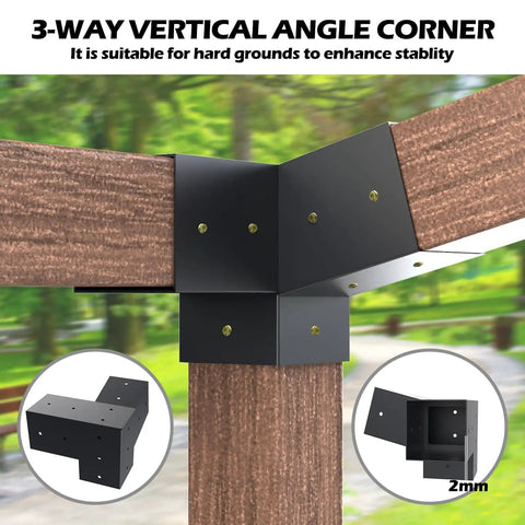 15 Degree Slanted Roof Pergola Bracket Kit With Wall Mount Extension And 3-Way Brackets For Outdoor Pergolas, Fits 4x4 Lumber Actual 3.5x3.5, Built Tough Heavy Duty Steel Construction For Log Cabins And Patios shown in 3-way vertical angle view.
