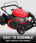 Efficient 18 Inch 144cc Push Gas Lawn Mower folded for assembly with red steel deck and recoil start