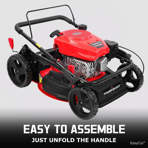 Efficient 18 Inch 144cc Push Gas Lawn Mower folded for assembly with red steel deck and recoil start