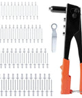 Beast Mode Heavy Duty 4-In-1 Rivet Gun Kit with 100 rivets, ergonomic handle, alloy steel construction, and interchangeable nosepieces.