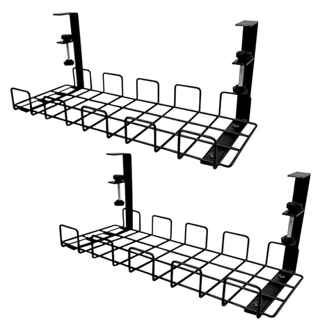 No Drill Under Desk Cable Management Tray Set, 2 Pack Clamp On Metal Wire Cable Organizer For Desks And Offices, No Holes Needed