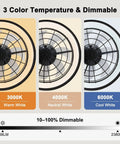23 Inch Wall Mounted Fan With Light And Remote App Control featuring 3 dimmable CCT colors: warm, neutral, and cool white.