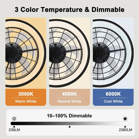 23 Inch Wall Mounted Fan With Light And Remote App Control featuring 3 dimmable CCT colors: warm, neutral, and cool white.
