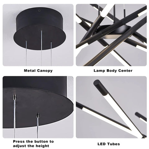 Black Modern LED Sputnik Chandelier With 12 Lights Pendant, showing metal canopy, lamp body center, adjustable tube lights