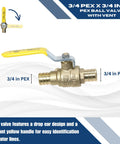 Barb Crimp Pex 3/4 Inch Ball Valve with Drain, 4 Pack for Residential and Commercial Plumbing, side view with yellow handle