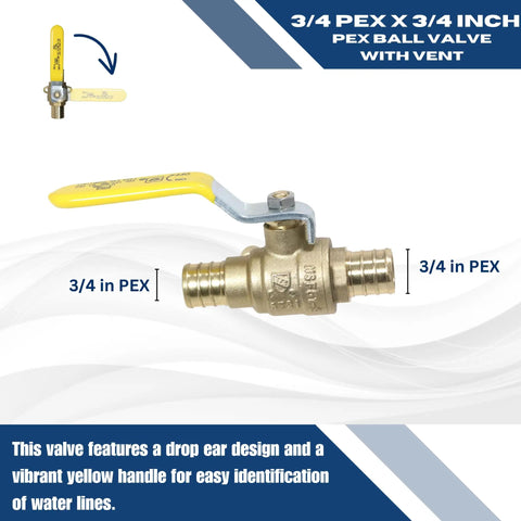 Barb Crimp Pex 3/4 Inch Ball Valve with Drain, 4 Pack for Residential and Commercial Plumbing, side view with yellow handle