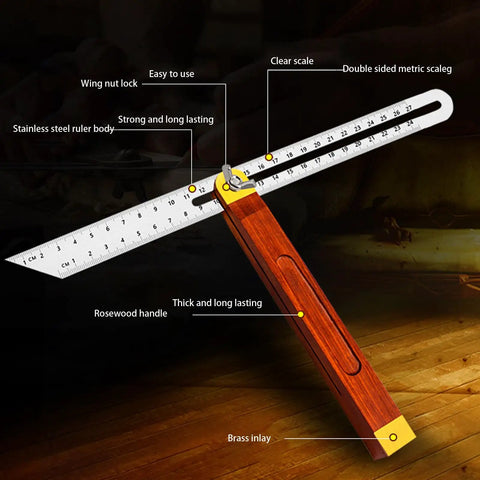 Heavy Duty T Bevel Gauge Angle Finder With Smooth Rosewood Handle And Precise Stainless Steel Ruler For Woodworking And Diy Tasks That Honestly Nail Every Cut No Sweat showing ruler with rosewood handle and brass inlay