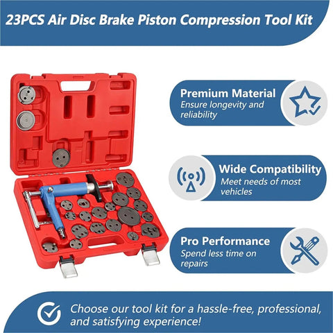 23PCS Air Disc Brake Piston Compression Tool Kit in red case with various metal components