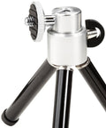Close-up of Lightweight Portable Mini Travel Tripod with 360 Degree Ball Head for small cameras, metal legs, and rubber feet.