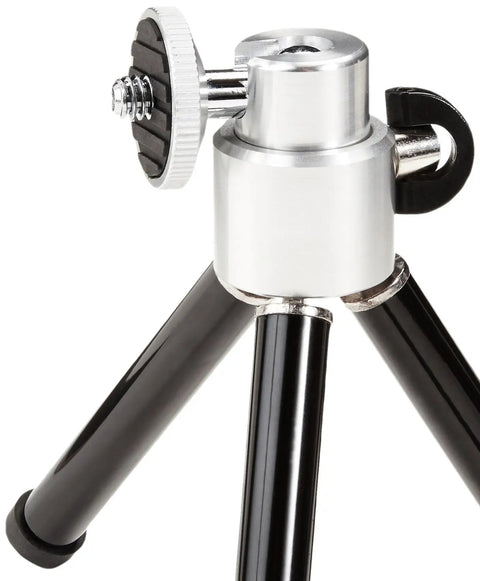 Close-up of Lightweight Portable Mini Travel Tripod with 360 Degree Ball Head for small cameras, metal legs, and rubber feet.