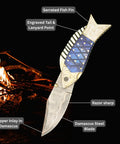 Custom Copper Damascus Fish Style Folding Knife With Ladder Pattern Blade Handmade EDC Ready Pocket Knife Brass Engraved Blue Resin Handle