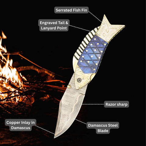 Custom Copper Damascus Fish Style Folding Knife With Ladder Pattern Blade Handmade EDC Ready Pocket Knife Brass Engraved Blue Resin Handle