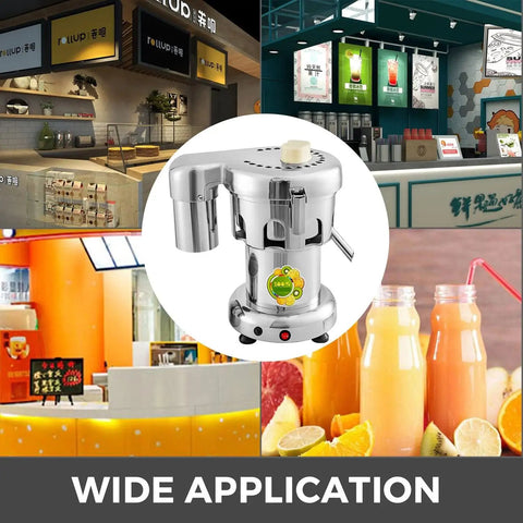 USZWBY Heavy Duty Cold Press Electric Juicer 370W Stainless Steel Centrifugal Juice Extractor in a restaurant setting.