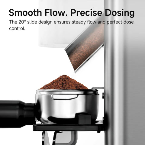 Premium Electric Coffee Grinder With Stainless Steel Conical Burrs And Forty Eight Adjustable Settings For Espresso To French Press smooth ground coffee in stainless steel container.