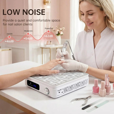 Heavy Duty Cordless Nail Dust Collector With Beast Mode 19500 Rpm Suction For Gel And Acrylic Files Portable Battery Powered Manicure Dust Cleaner Tool in a salon setting.