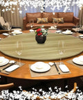 Kick Up Your Table Game With This 80 Cm Wooden Lazy Susan Turntable Smooth Rotating Serving Tray set on a modern dining table.