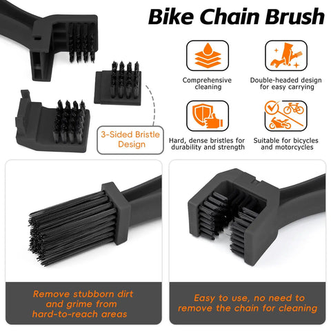 Close-up of bike chain brush with 3-sided bristle design, part of All In One Bike Cleaning Kit With Chain Cleaner Degreaser Chain Lube Scrubber And Brushes For Mountain MTB Road EBike And Trail Bikes To Keep Your Ride Fresh Clean And Ready To Roll.