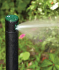 Gear Drive Rotor Shrub Sprinkler With Adjustable Arc Range And 25 Foot Reach spraying water in a garden setting.
