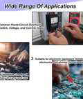 Composite image showcasing Pro Grade Multimeter Test Leads Kit With 1000V 20A Capacity 40.5 Inch Silicone Probes And Ultra Sharp Gold Plated Tips Handy Alligator Clips For Hands Free Testing Compatible With Fluke AstroAI Klein And Automotive Diagnostics in various applications.