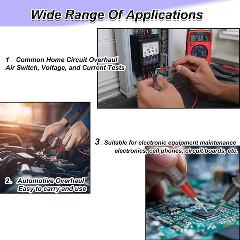 Composite image showcasing Pro Grade Multimeter Test Leads Kit With 1000V 20A Capacity 40.5 Inch Silicone Probes And Ultra Sharp Gold Plated Tips Handy Alligator Clips For Hands Free Testing Compatible With Fluke AstroAI Klein And Automotive Diagnostics in various applications.