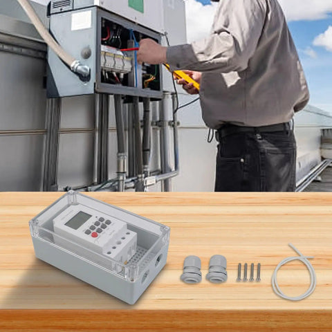 Straight Up Heavy Duty Digital Timer Switch With Damn Accurate Second Timing Rock Solid 25 Amp 220 Volt IP66 Weatherproof Relay Box shown during installation.