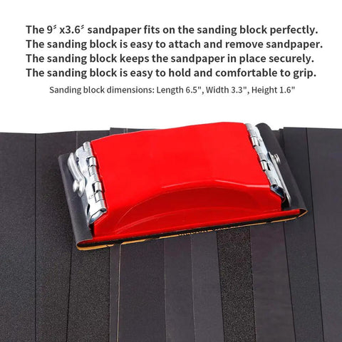 Close-up of red hand sander on black sandpaper sheets from 42 Piece Sandpaper Set With Handle Wet Dry Grit Range 120 To 3000 Pro Grade Silicon Carbide Sheets Abrasive Assortment For Metal Wood Furniture Automotive Polishing Handy Paper Kit