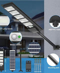 All Season Sun Powered Stunner Solar Outdoor Wall Floodlights With Smart Motion Sensor and Wireless Remote for Driveway Security showing 240 LED lamp beads and motion sensor.
