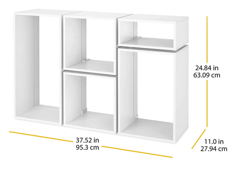 Clip And Cube 5-Piece Organizer System in white showing stacked interlocking cubes and dimensions in inches and cm.