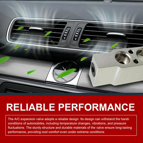AC Expansion Valve Upgrade For Most Vehicles High And Low Temperature Resistant Metal Anti Rust AC System Valve With Precise Refrigerant Flow Control And Easy Install Replacement Part shown on a car dashboard